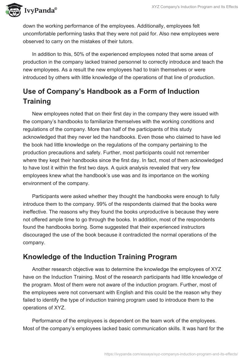 XYZ Company's Induction Program and Its Effects. Page 4