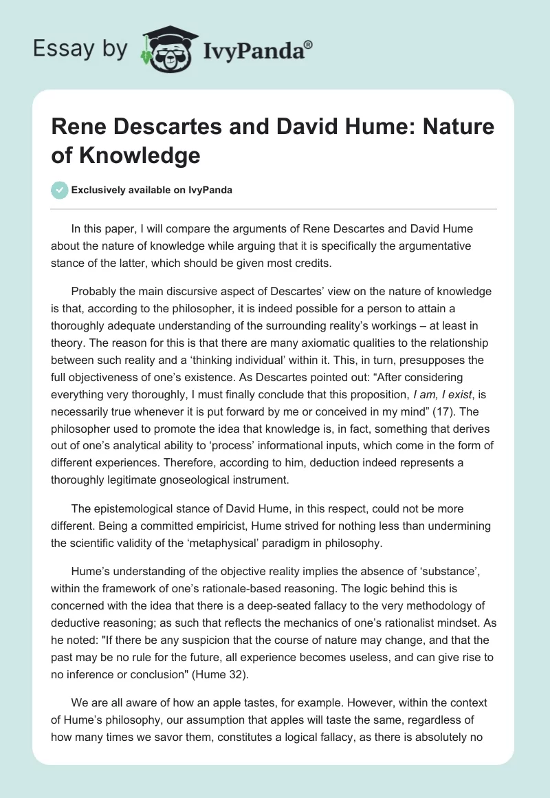 Rene Descartes and David Hume: Nature of Knowledge. Page 1