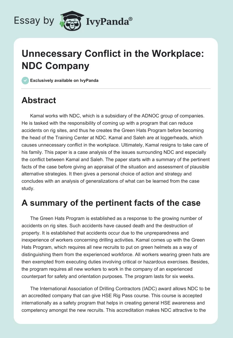 Unnecessary Conflict in the Workplace: NDC Company. Page 1