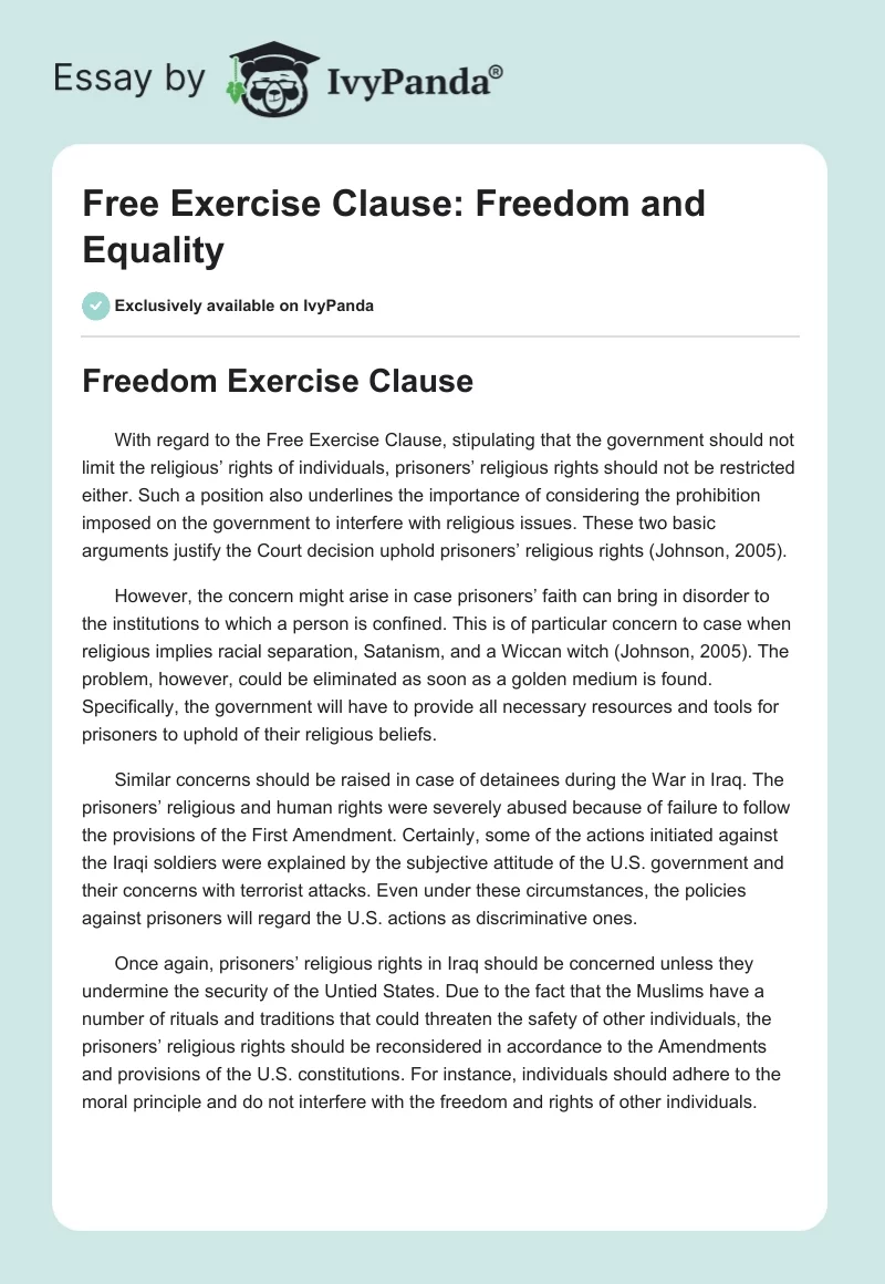 Free Exercise Clause: Freedom and Equality. Page 1