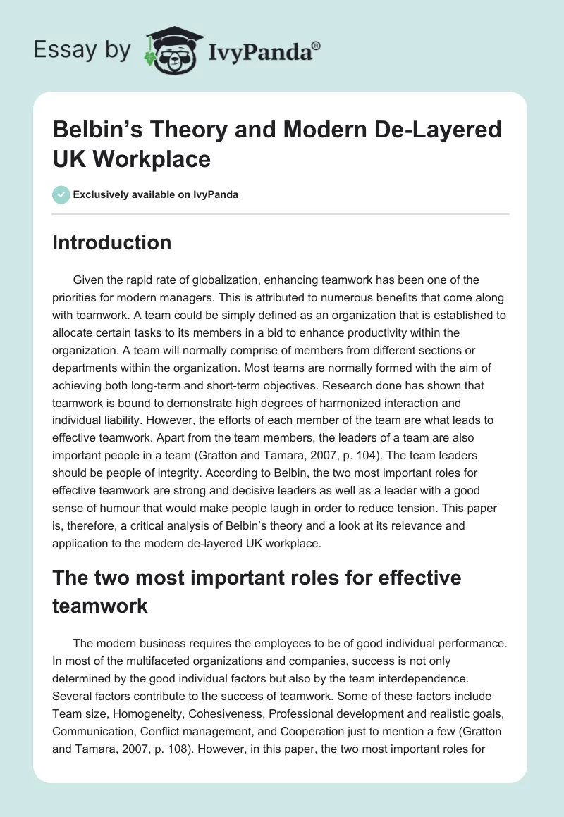 Belbin’s Theory and Modern De-Layered UK Workplace. Page 1