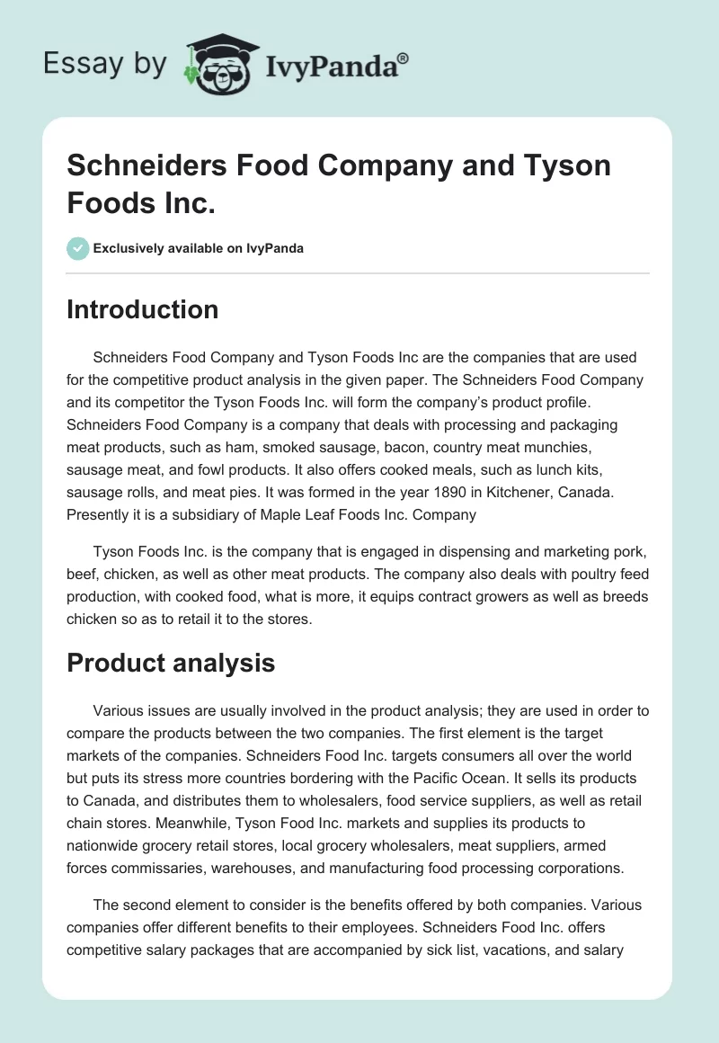 Schneiders Food Company and Tyson Foods Inc.. Page 1