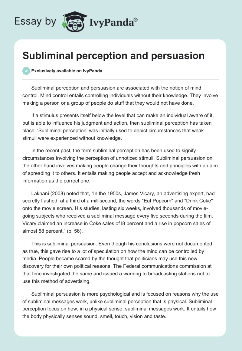 Subliminal perception and persuasion. Page 1