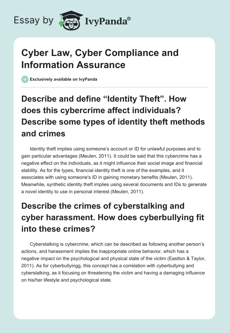 Cyber Law, Cyber Compliance and Information Assurance. Page 1