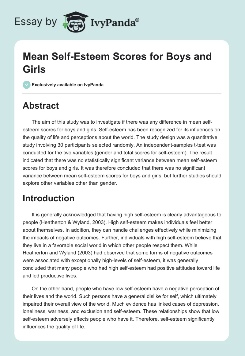 Mean Self-Esteem Scores for Boys and Girls. Page 1