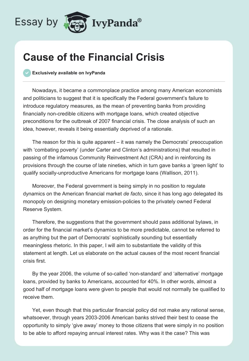 Cause of the Financial Crisis. Page 1