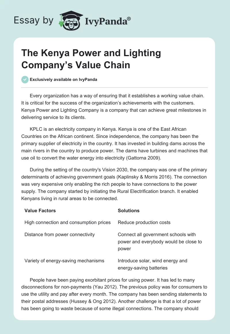 The Kenya Power and Lighting Company’s Value Chain. Page 1
