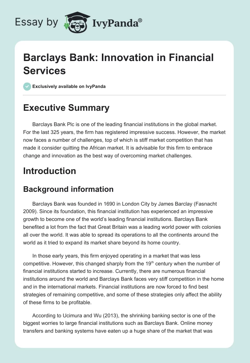 Barclays Bank: Innovation in Financial Services. Page 1