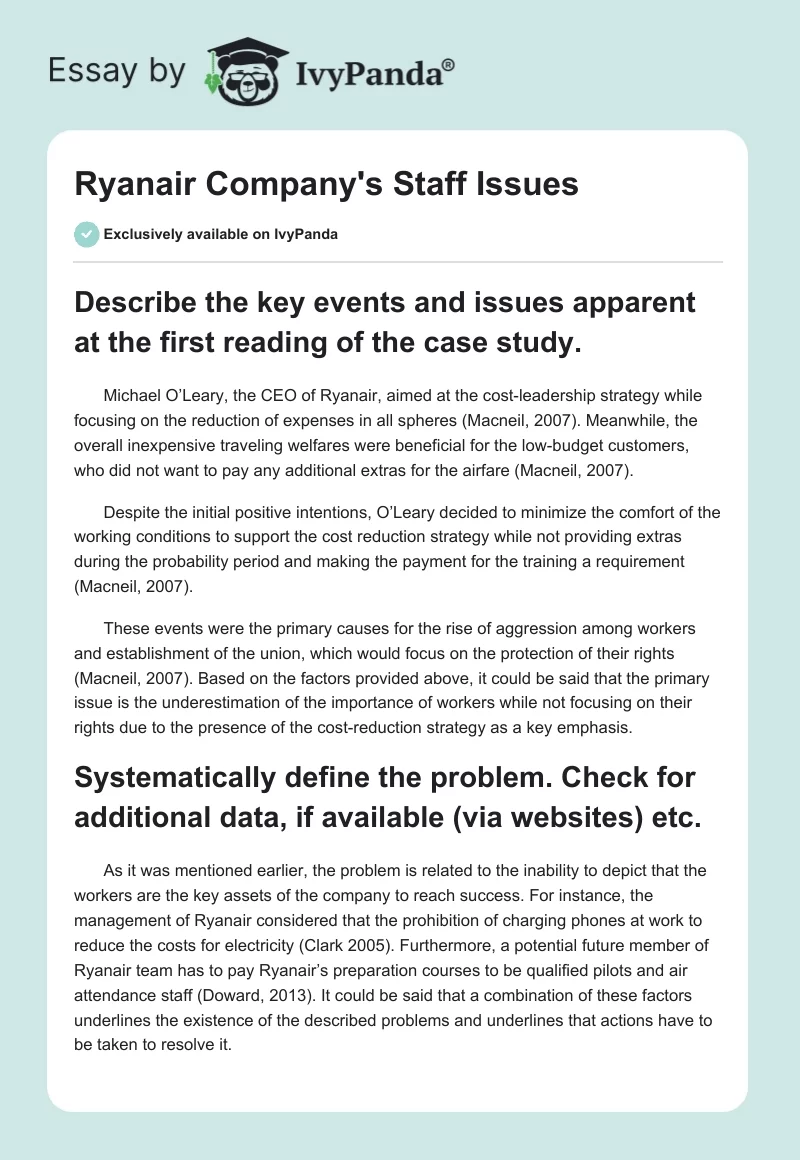 Ryanair Company's Staff Issues. Page 1