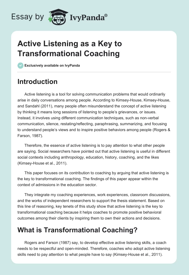 Active Listening as a Key to Transformational Coaching. Page 1