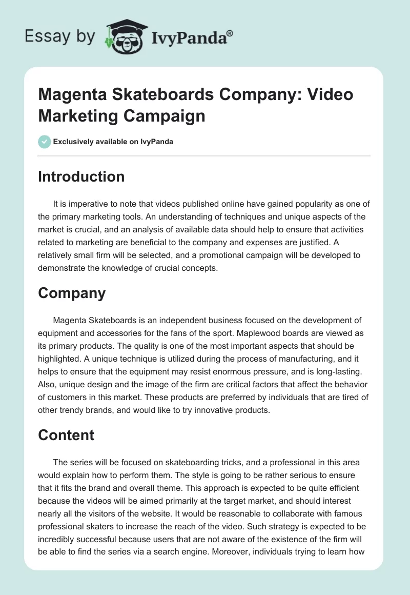 Magenta Skateboards Company: Video Marketing Campaign. Page 1