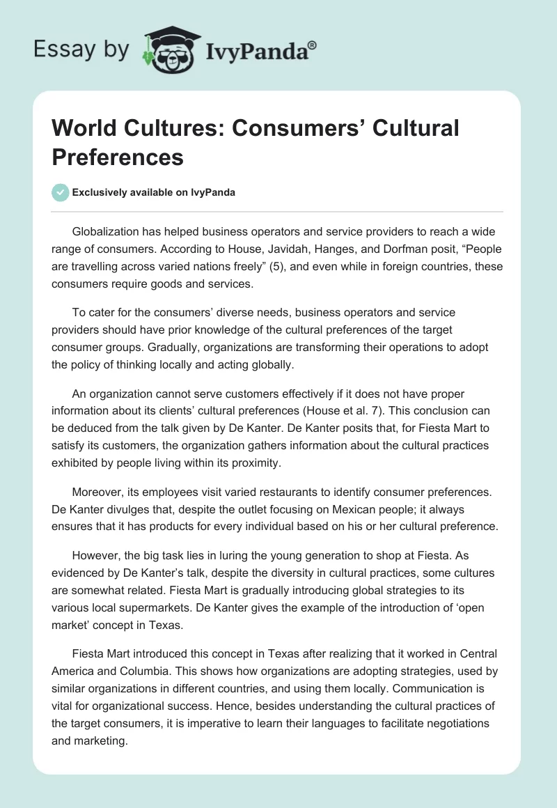 World Cultures: Consumers’ Cultural Preferences. Page 1