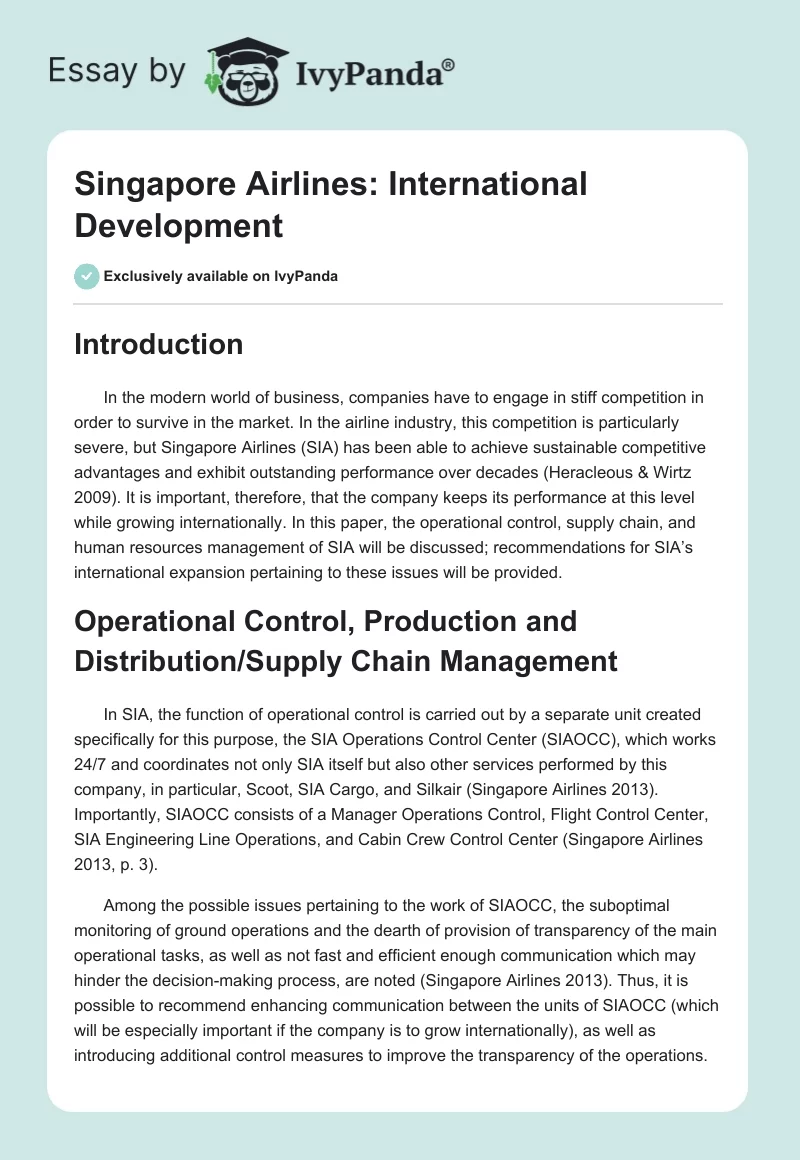 Singapore Airlines: International Development. Page 1