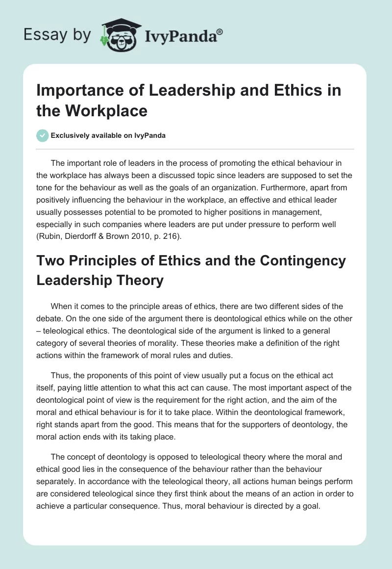 Importance of Leadership and Ethics in the Workplace. Page 1