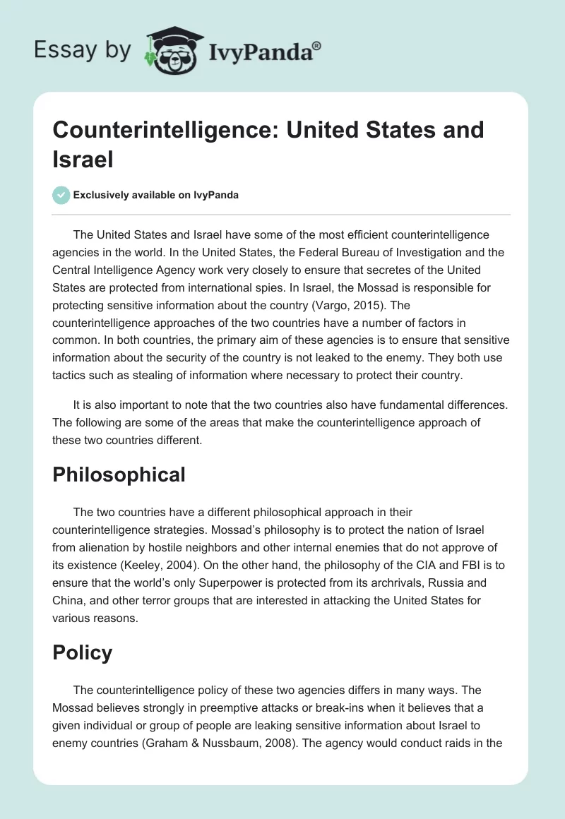 Counterintelligence: United States and Israel. Page 1