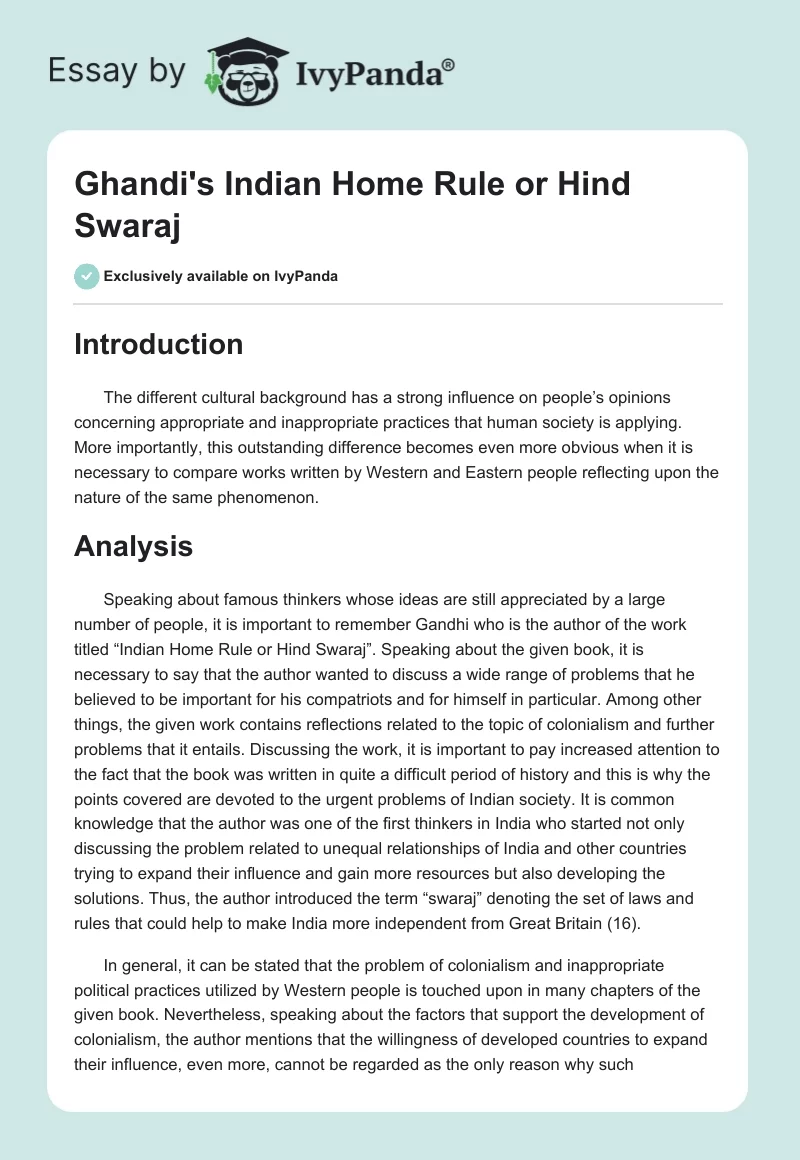 Ghandi's "Indian Home Rule or Hind Swaraj". Page 1