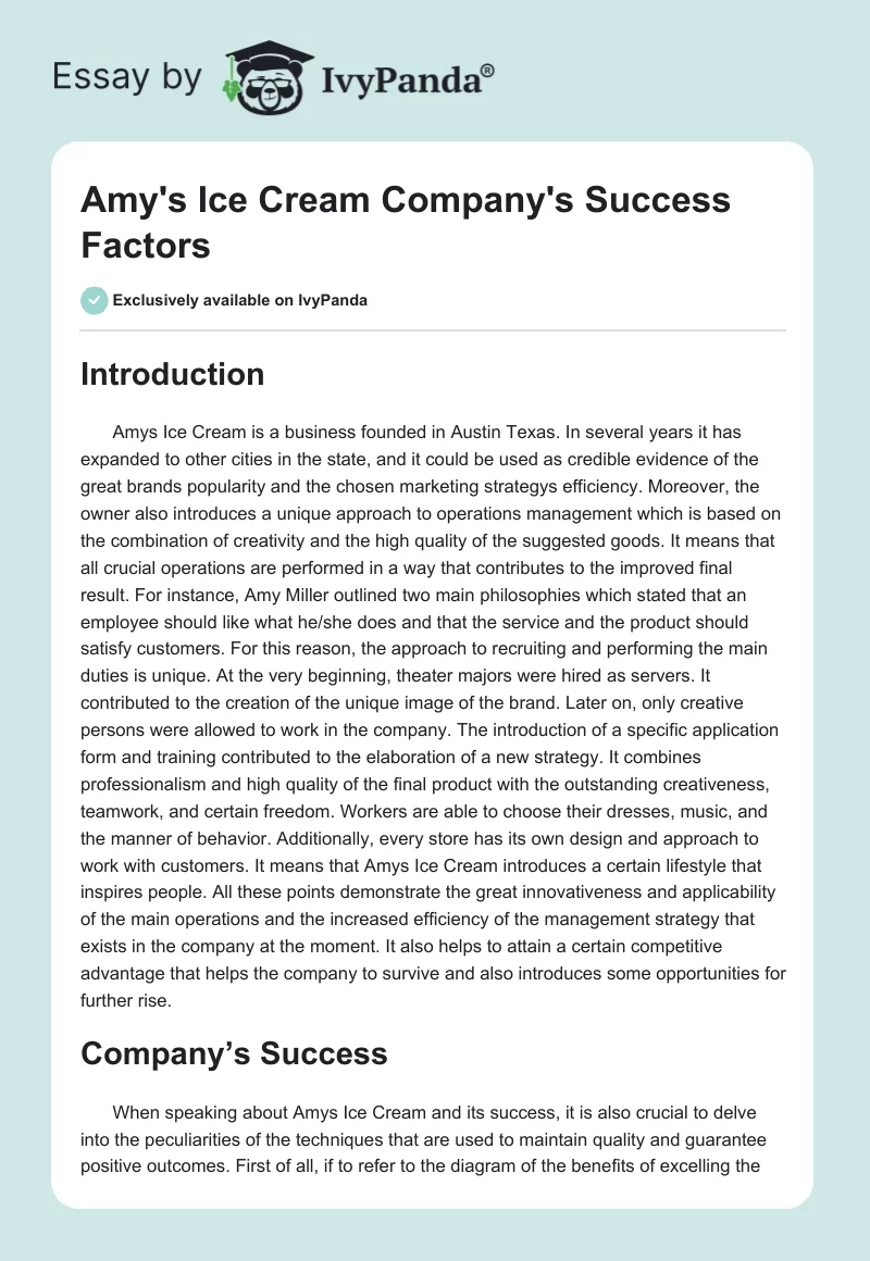 Amy's Ice Cream Company's Success Factors. Page 1