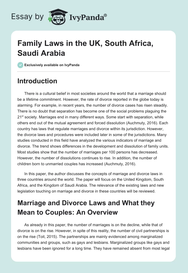 Family Laws in the UK, South Africa, Saudi Arabia. Page 1