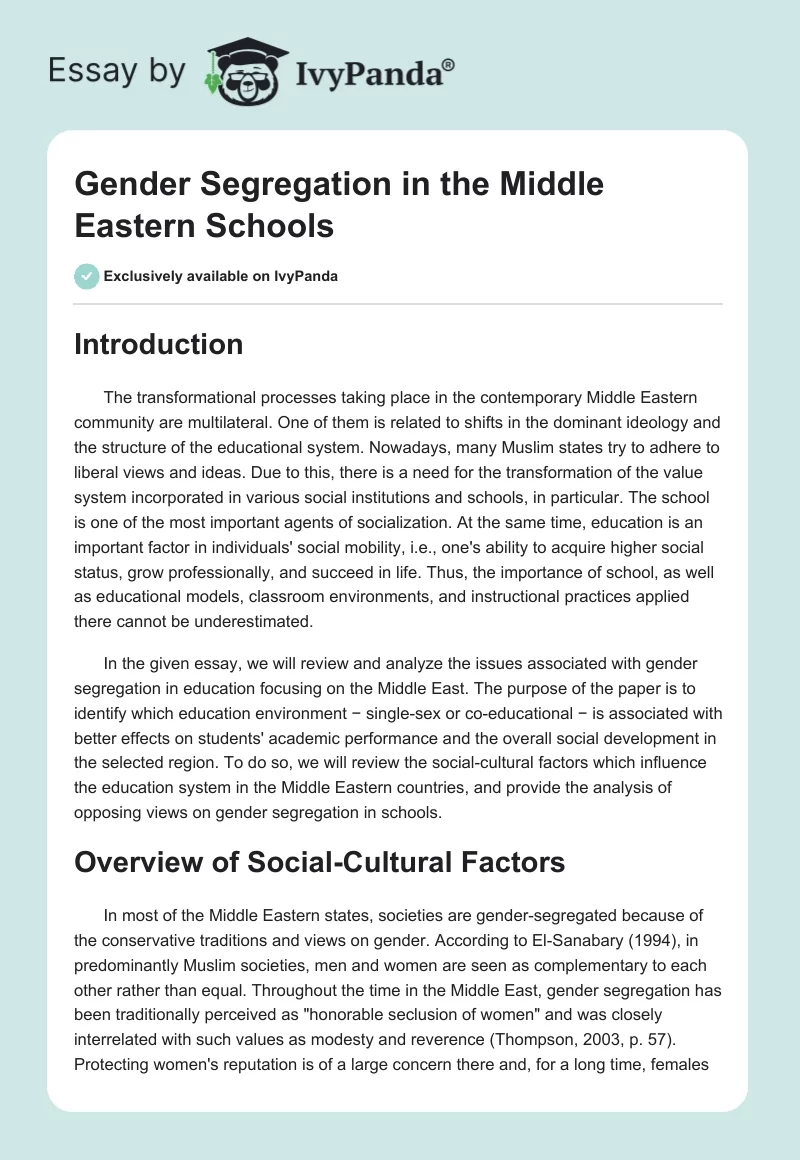 Gender Segregation in the Middle Eastern Schools. Page 1