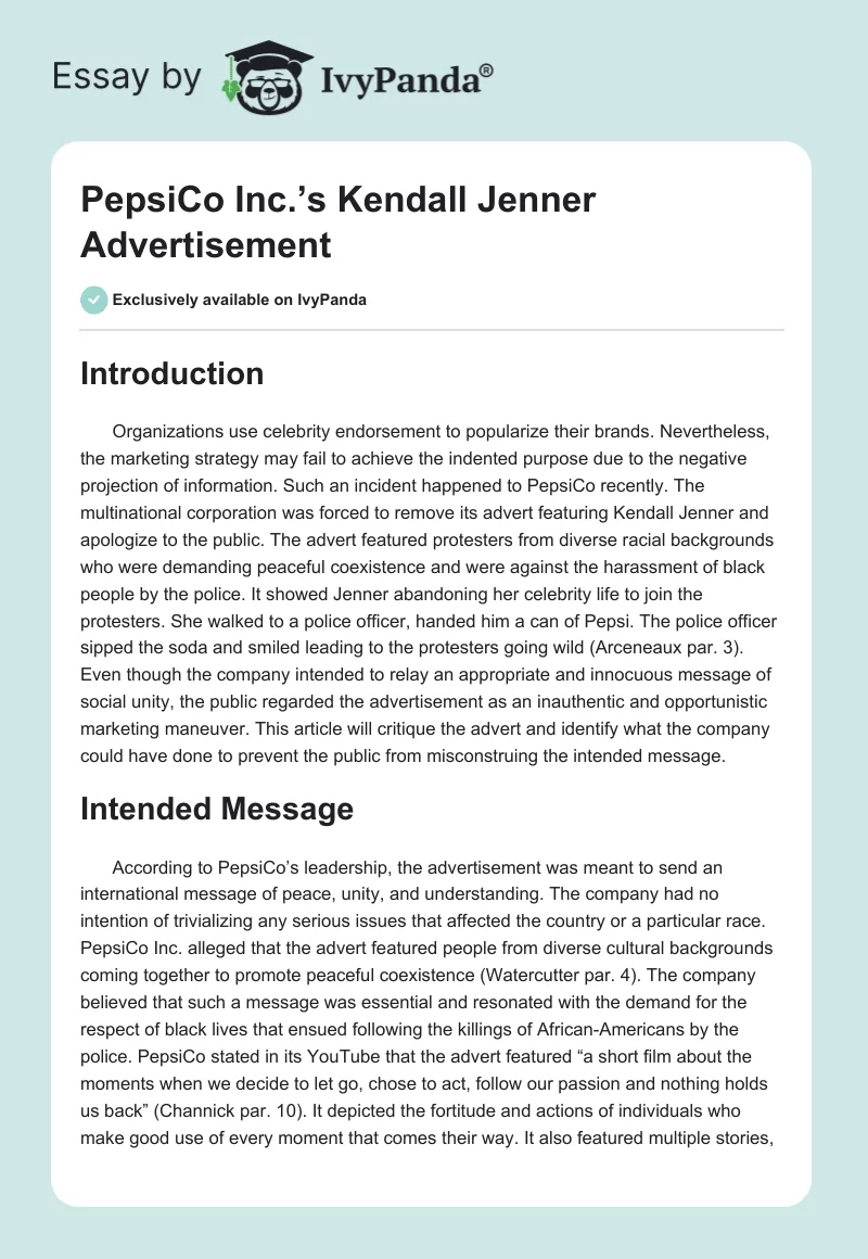 PepsiCo Inc.’s Kendall Jenner Advertisement. Page 1