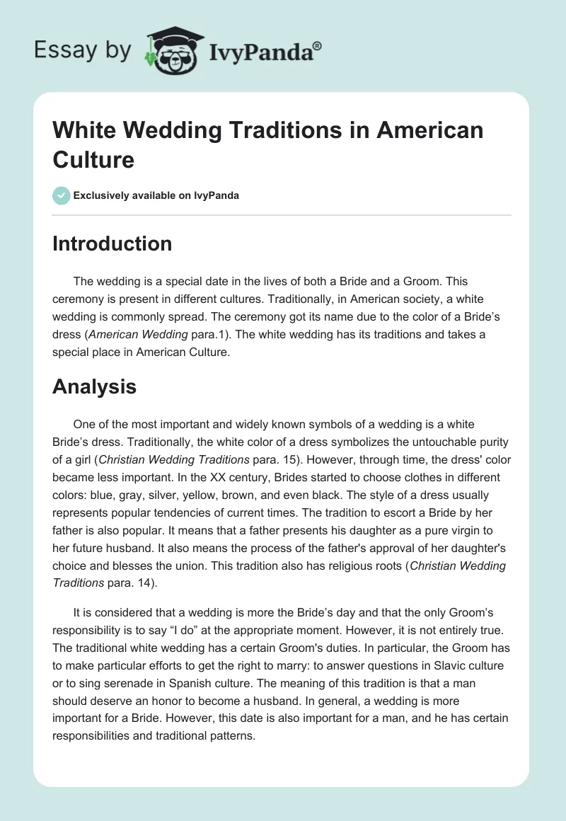White Wedding Traditions in American Culture. Page 1