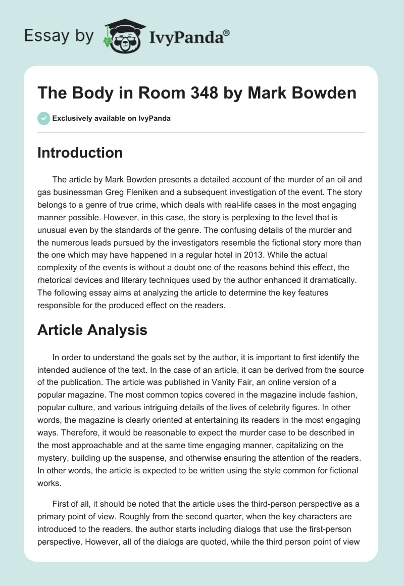 "The Body in Room 348" by Mark Bowden. Page 1