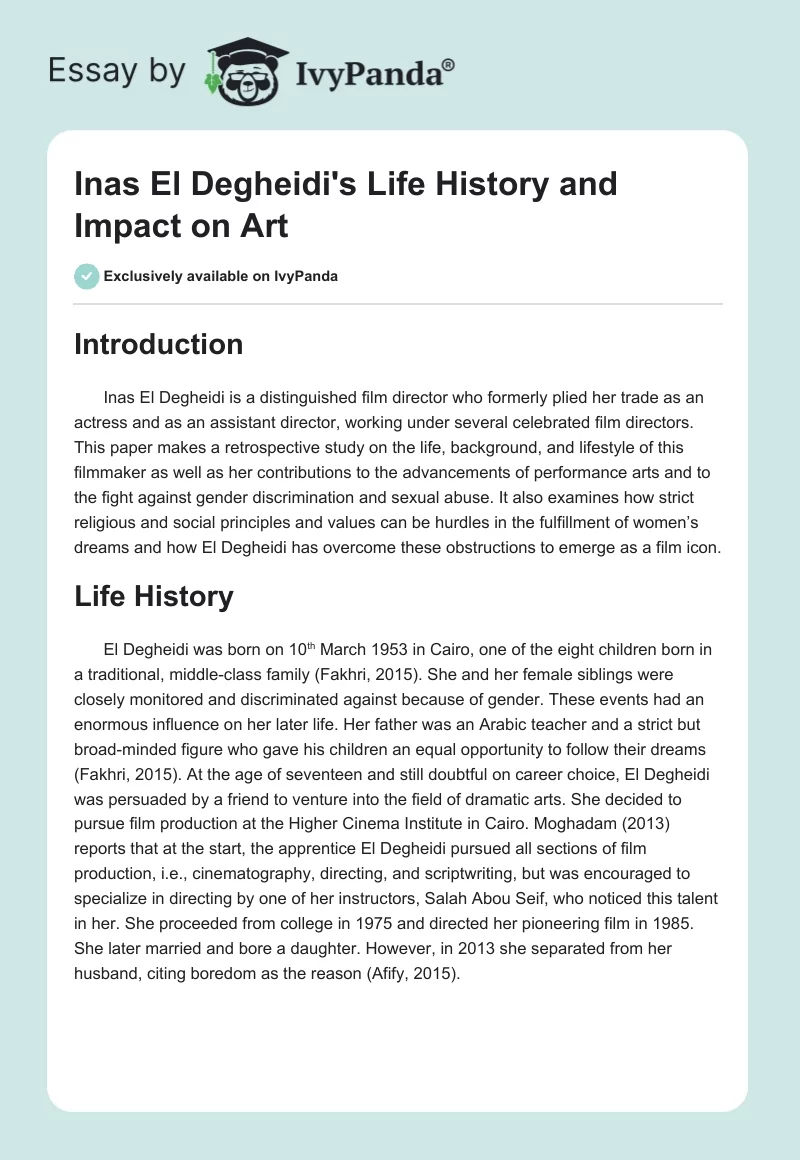 Inas El Degheidi's Life History and Impact on Art. Page 1