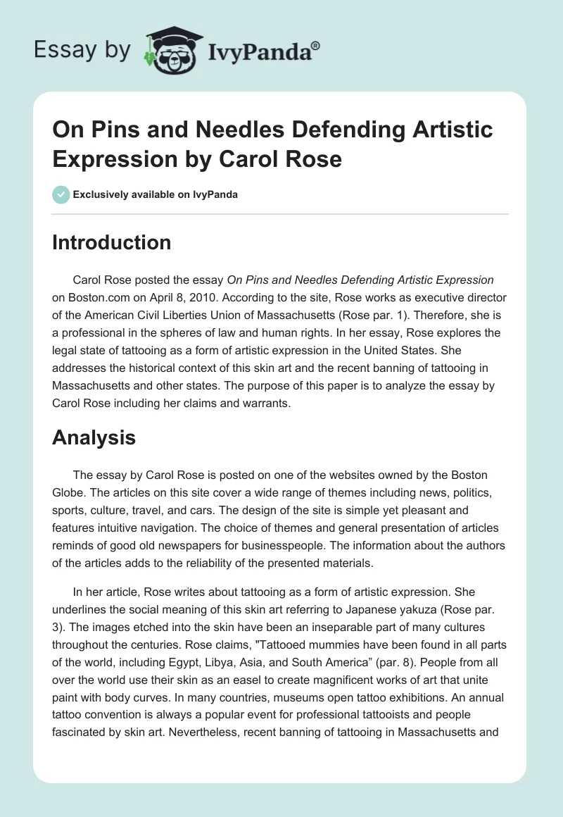 "On Pins and Needles Defending Artistic Expression" by Carol Rose. Page 1