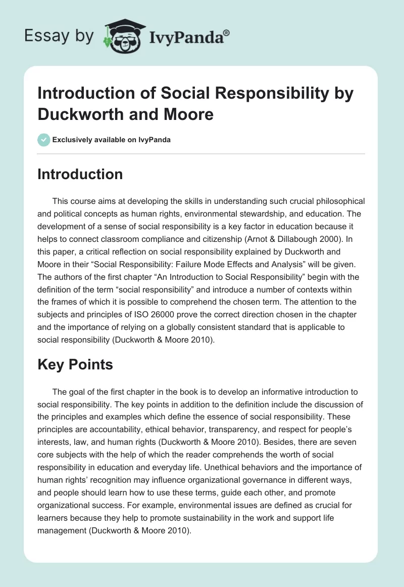 Introduction of "Social Responsibility" by Duckworth and Moore. Page 1