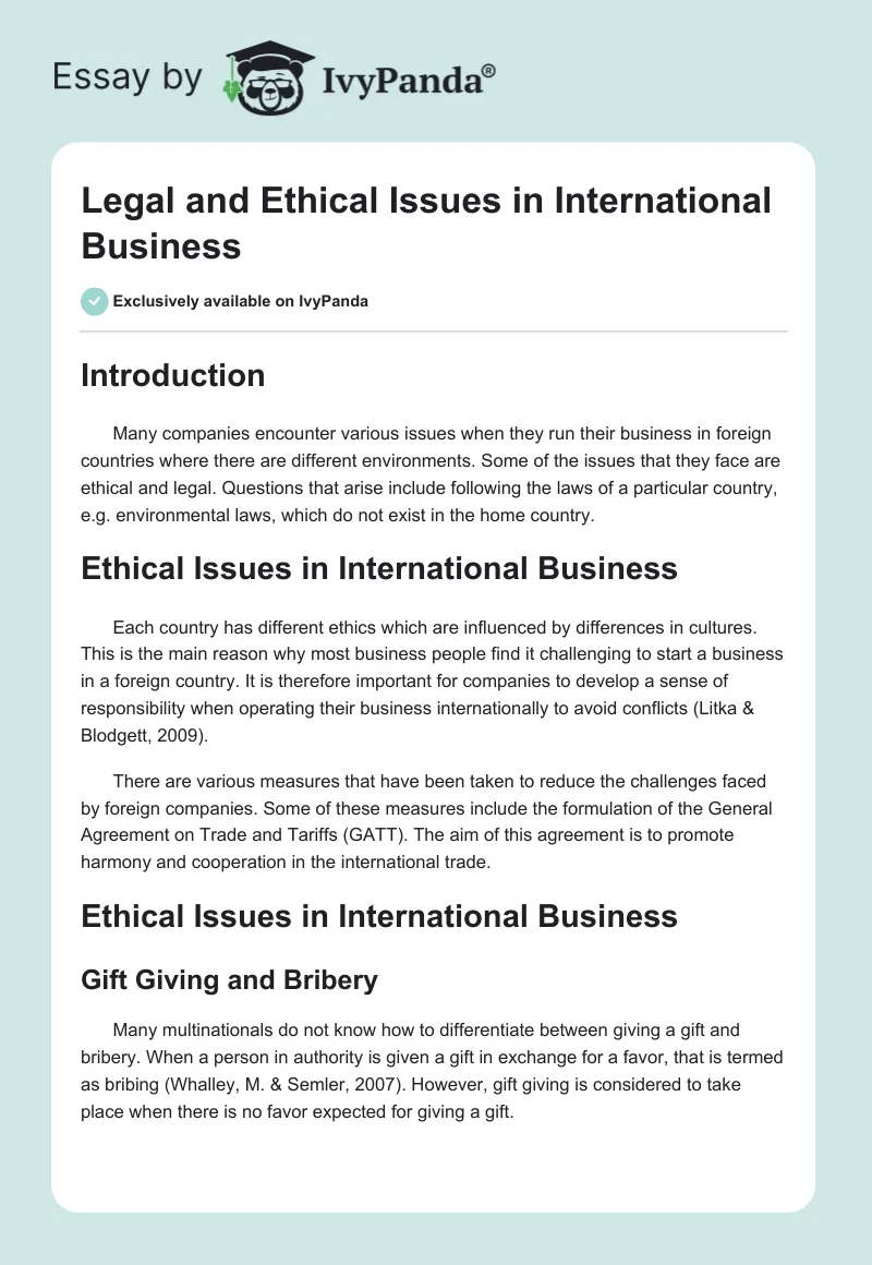 Legal and Ethical Issues in International Business. Page 1