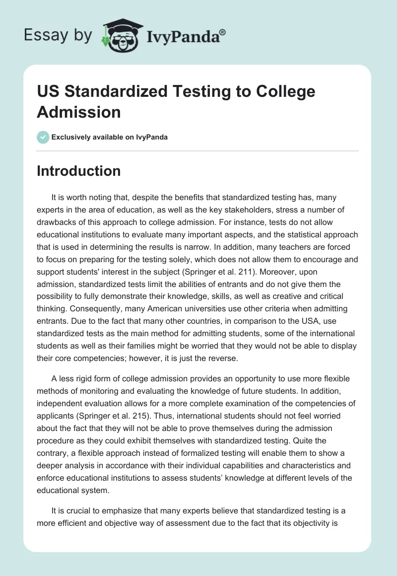 US Standardized Testing to College Admission. Page 1