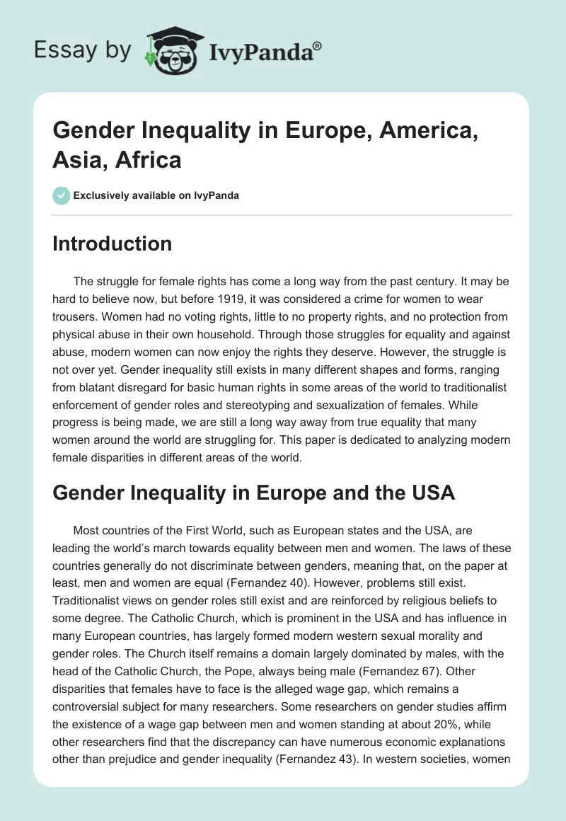 Gender Inequality in Europe, America, Asia, Africa. Page 1