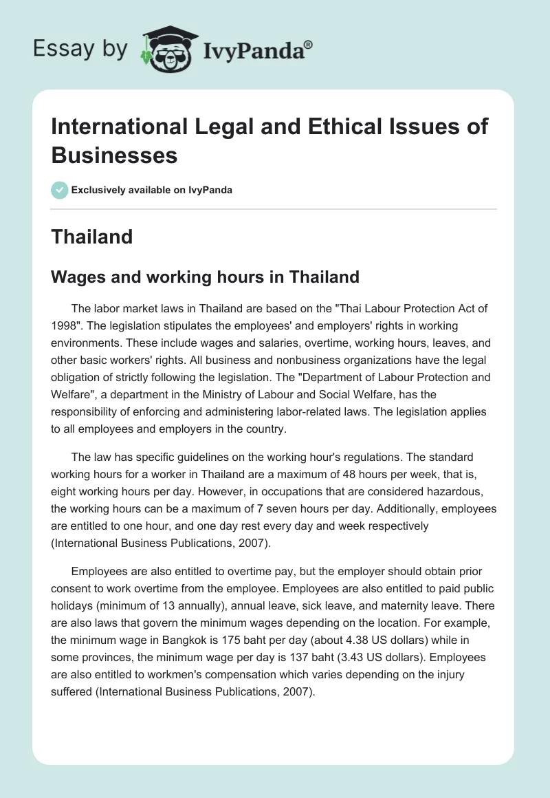 International Legal and Ethical Issues of Businesses. Page 1