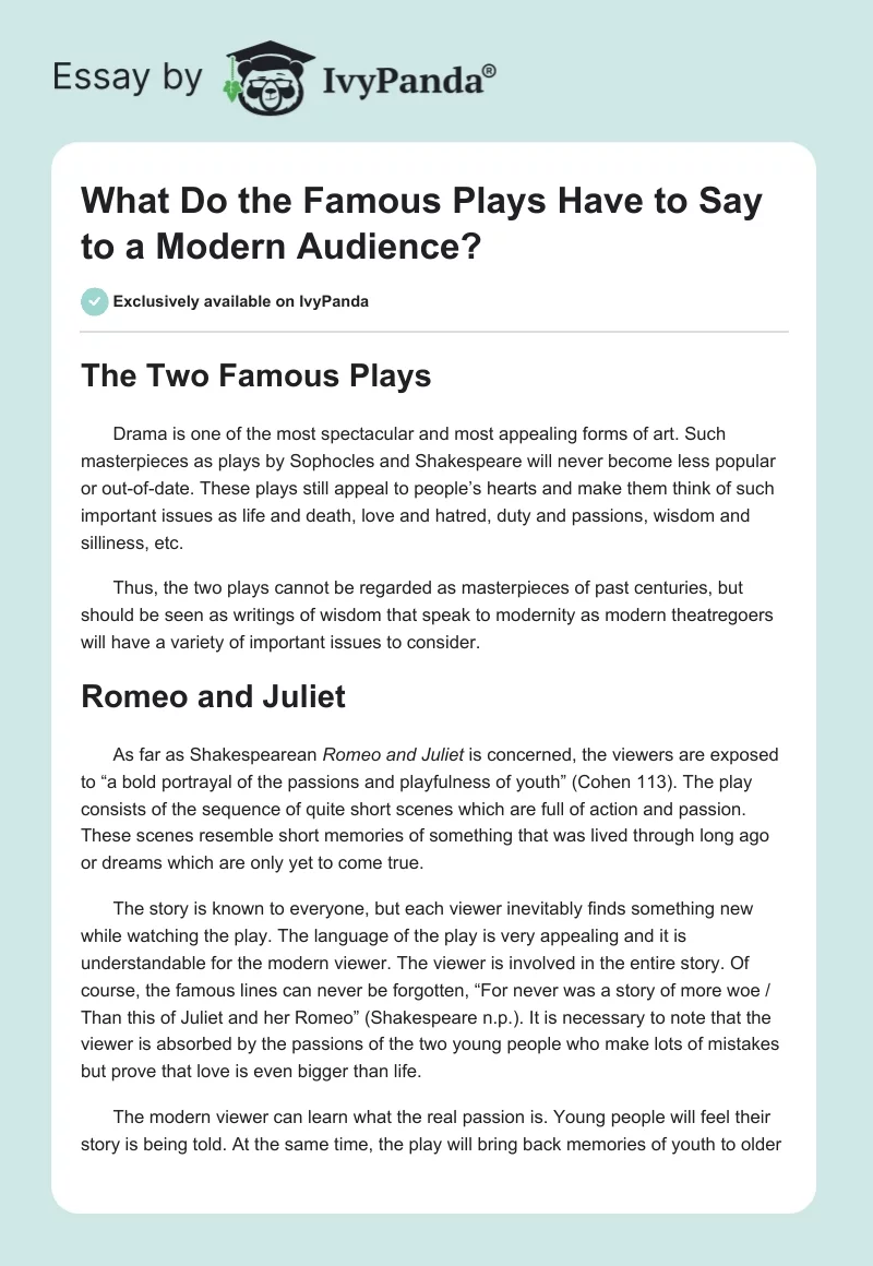What Do the Famous Plays Have to Say to a Modern Audience?. Page 1