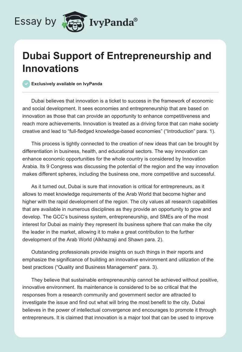 Dubai Support of Entrepreneurship and Innovations. Page 1