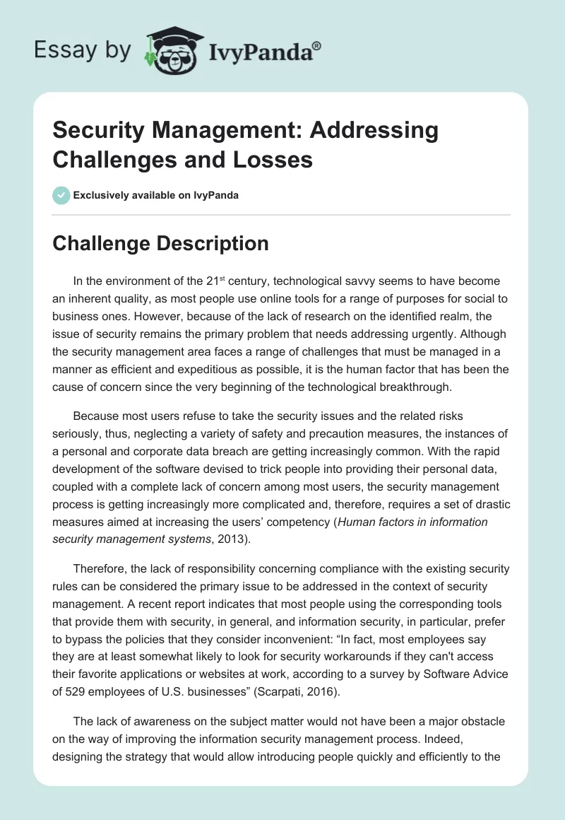 Security Management: Addressing Challenges and Losses. Page 1