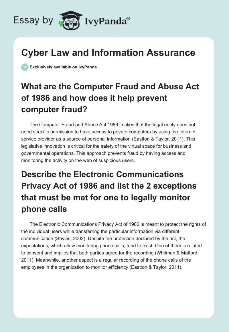 Cyber Law and Information Assurance. Page 1