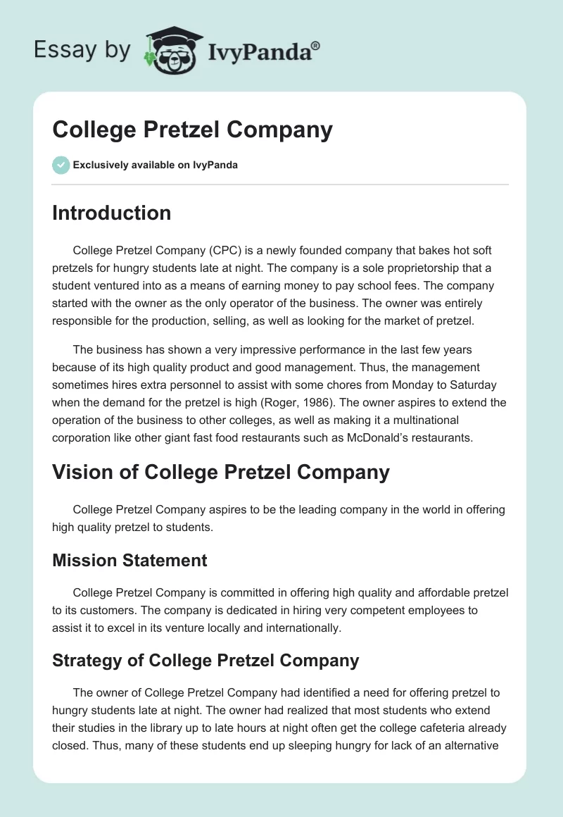 College Pretzel Company. Page 1