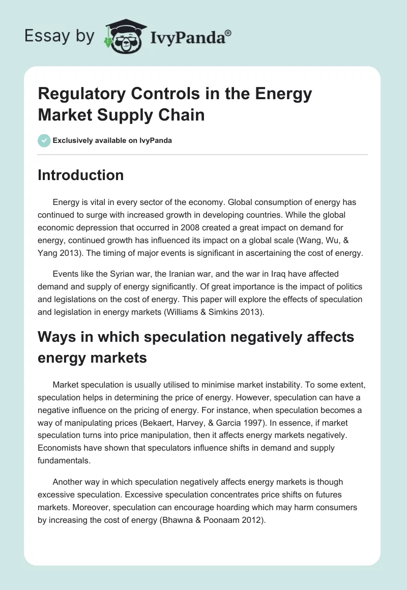 Regulatory Controls in the Energy Market Supply Chain. Page 1