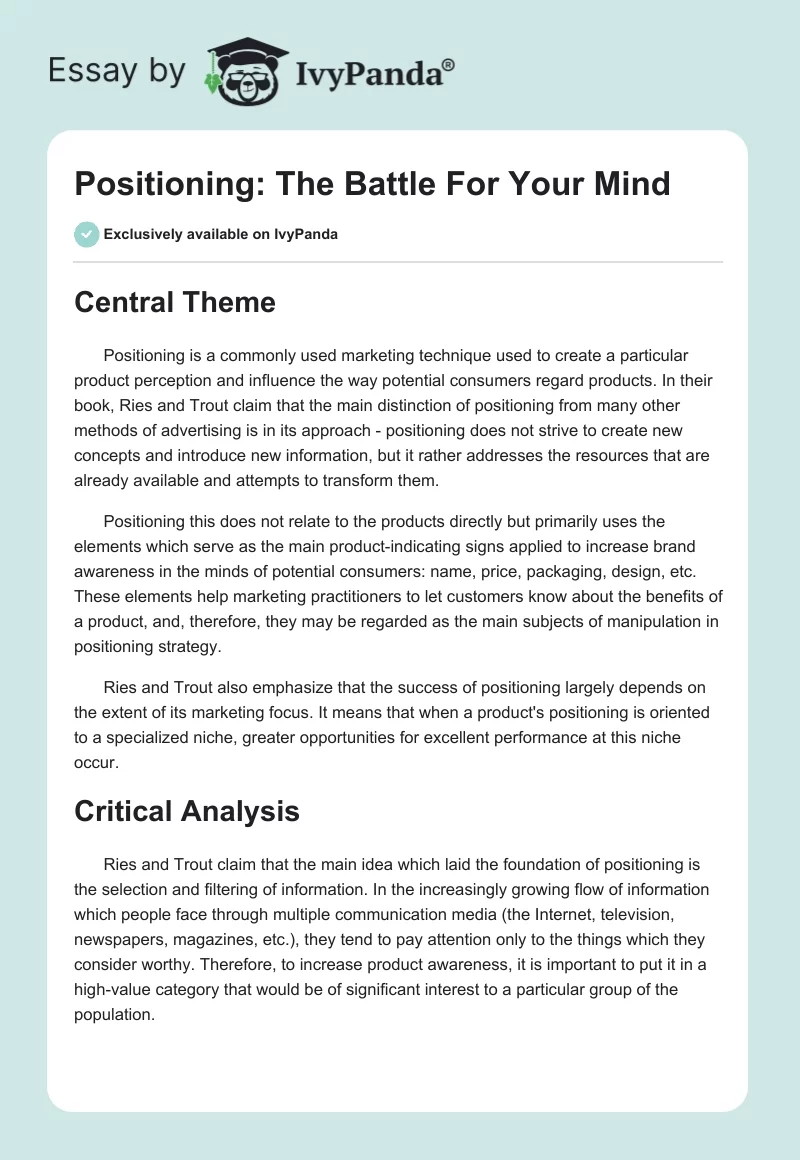 Positioning: The Battle For Your Mind. Page 1