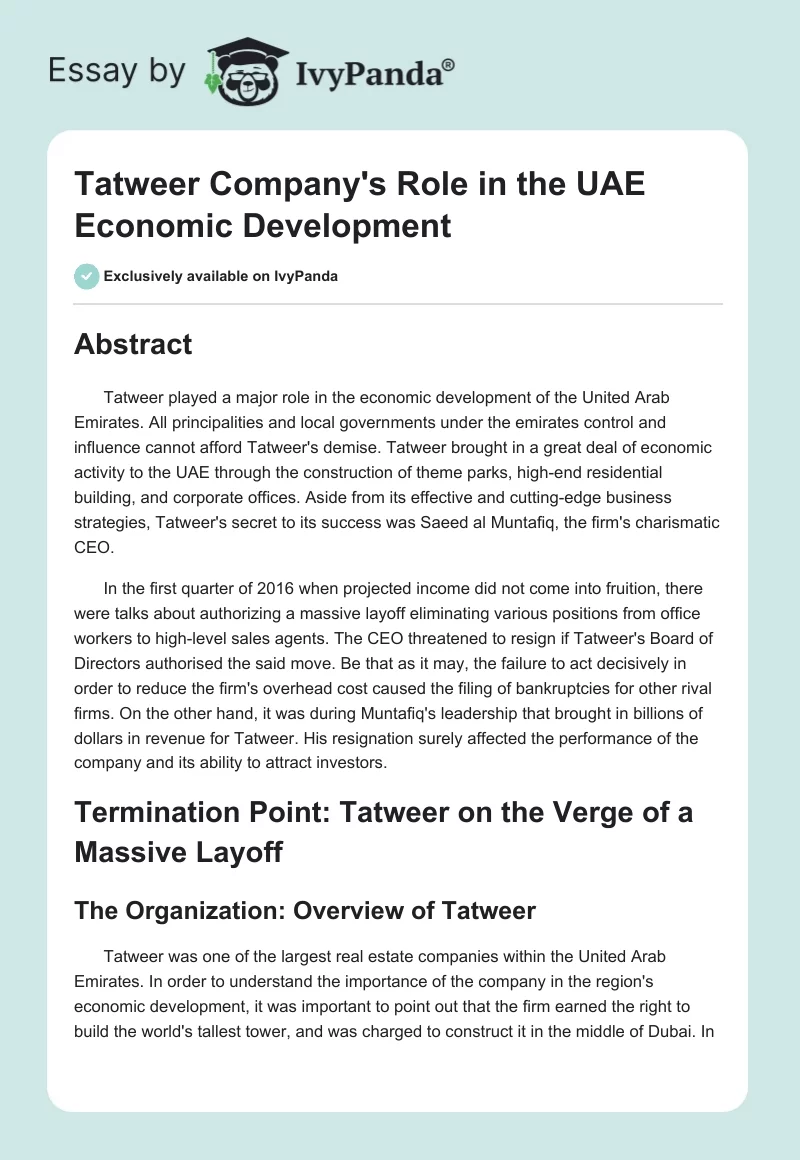 Tatweer Company's Role in the UAE Economic Development. Page 1