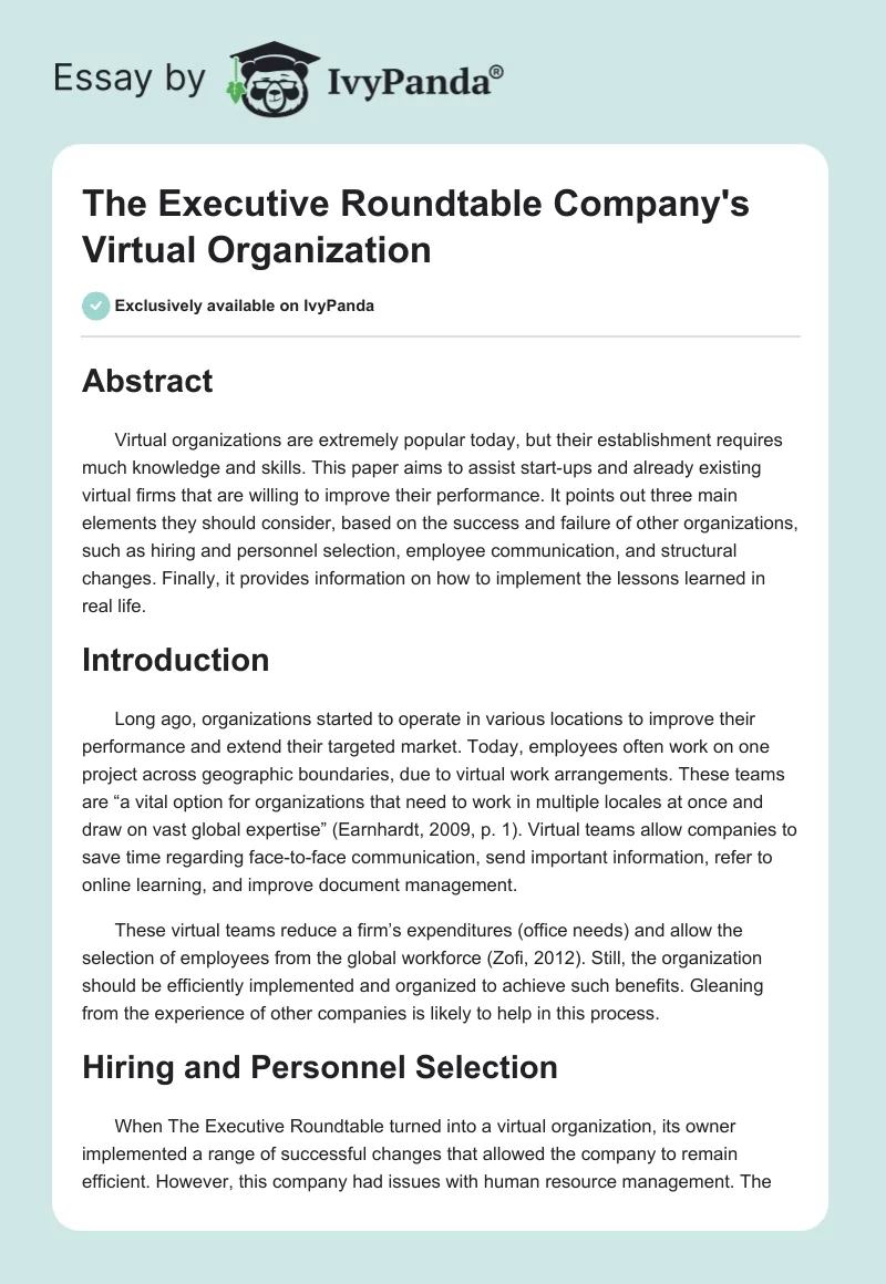 The Executive Roundtable Company's Virtual Organization. Page 1