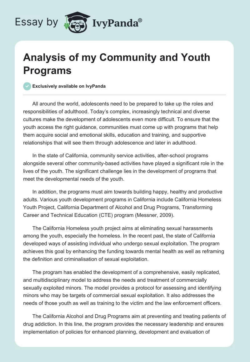 Analysis of My Community and Youth Programs. Page 1