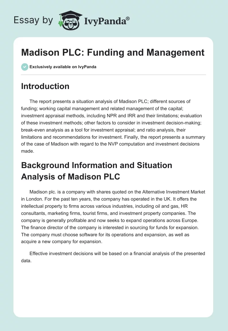 Madison PLC: Funding and Management. Page 1
