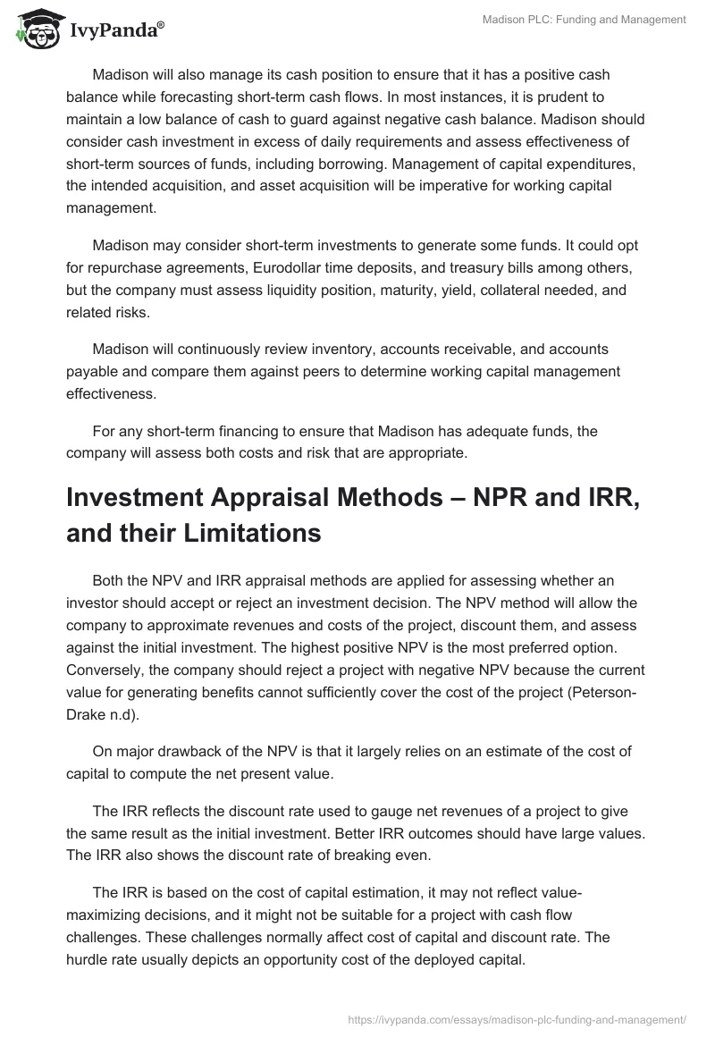 Madison PLC: Funding and Management. Page 4