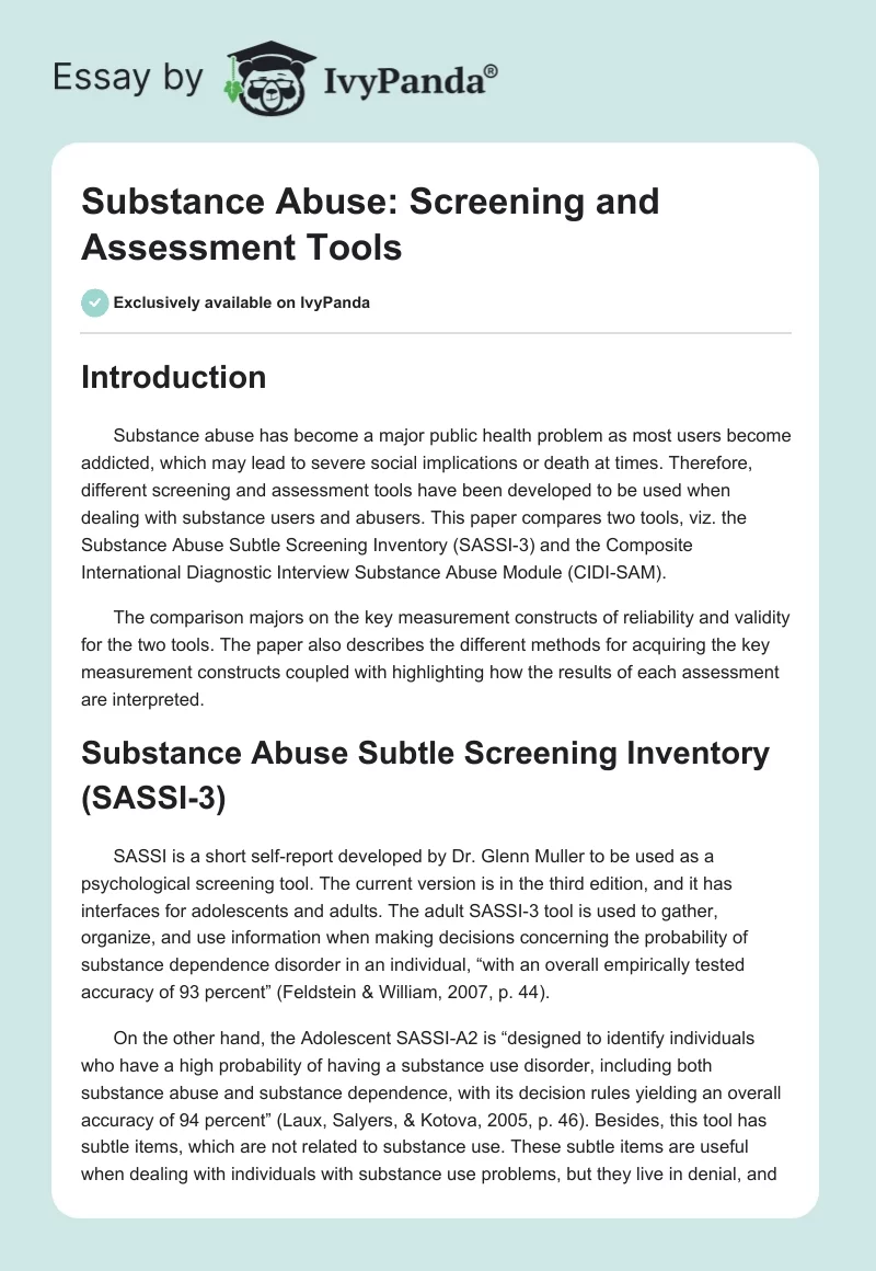 Substance Abuse: Screening and Assessment Tools. Page 1