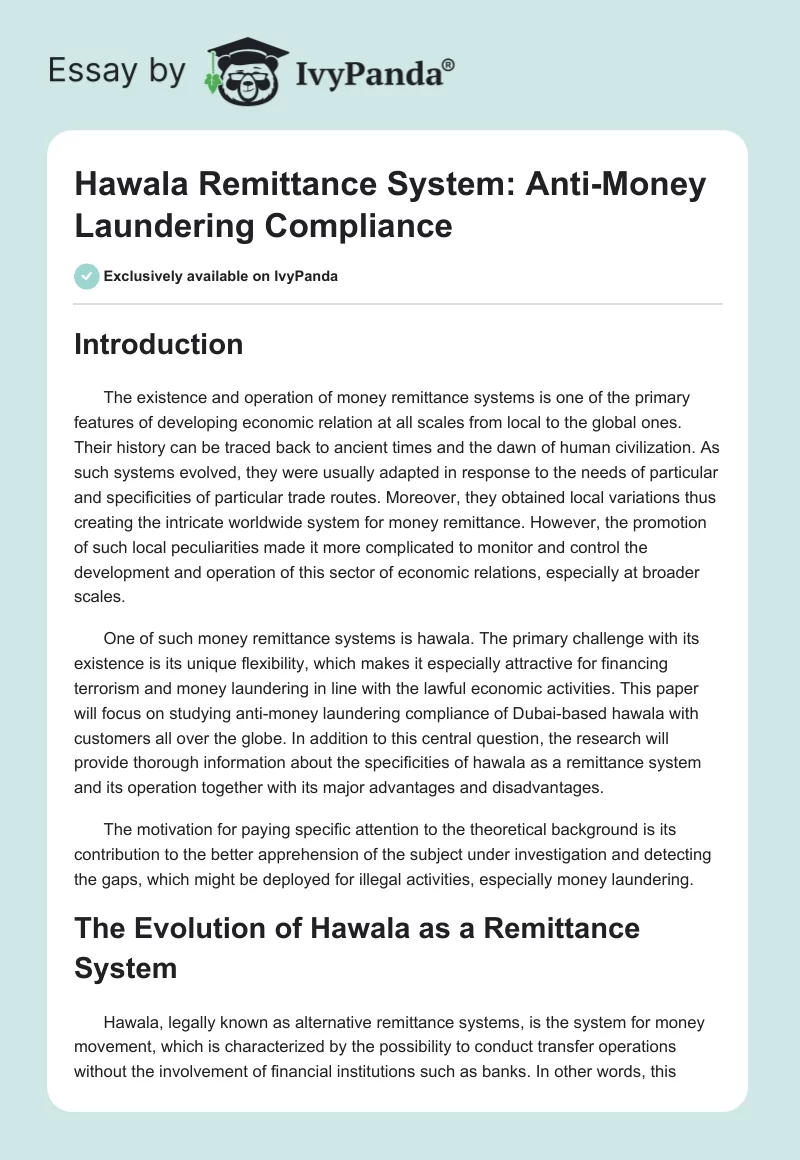 Hawala Remittance System: Anti-Money Laundering Compliance. Page 1