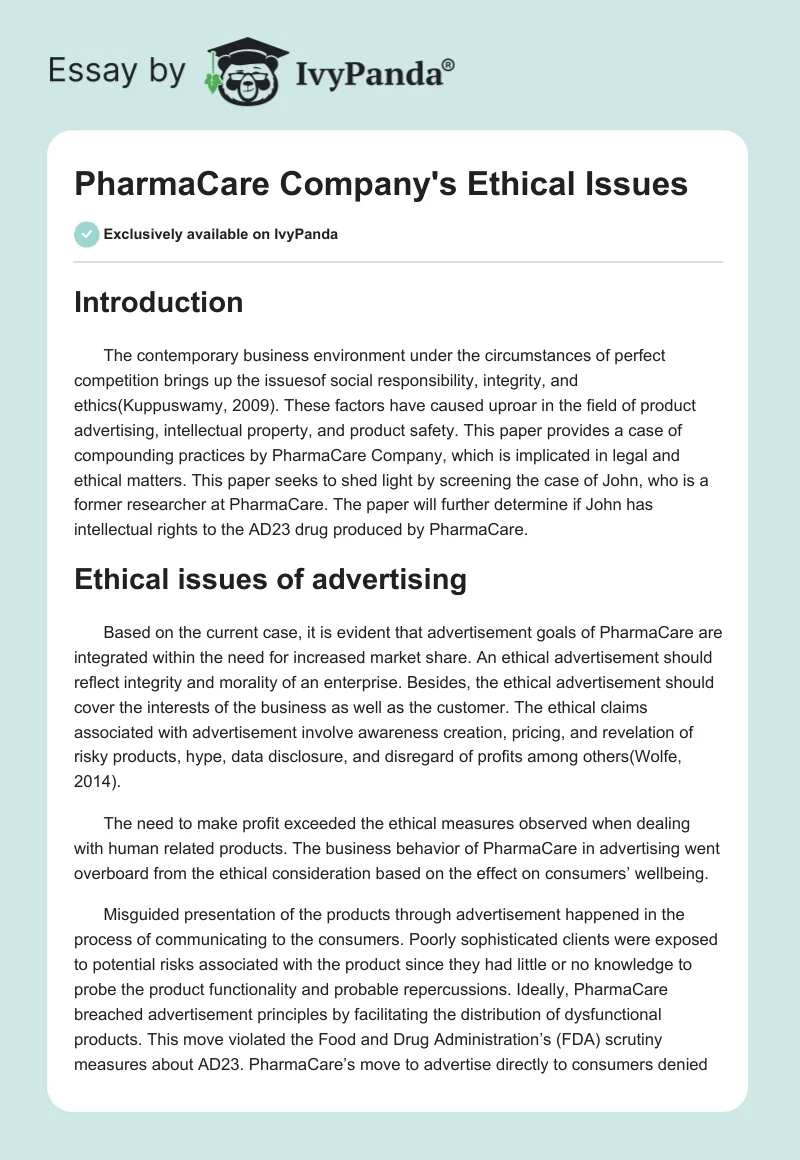 PharmaCare Company's Ethical Issues. Page 1