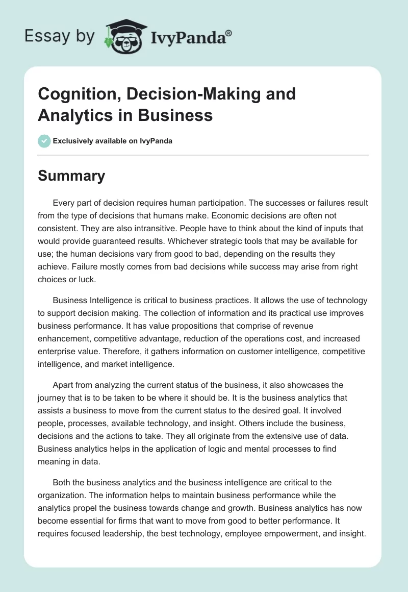 Cognition, Decision-Making and Analytics in Business. Page 1