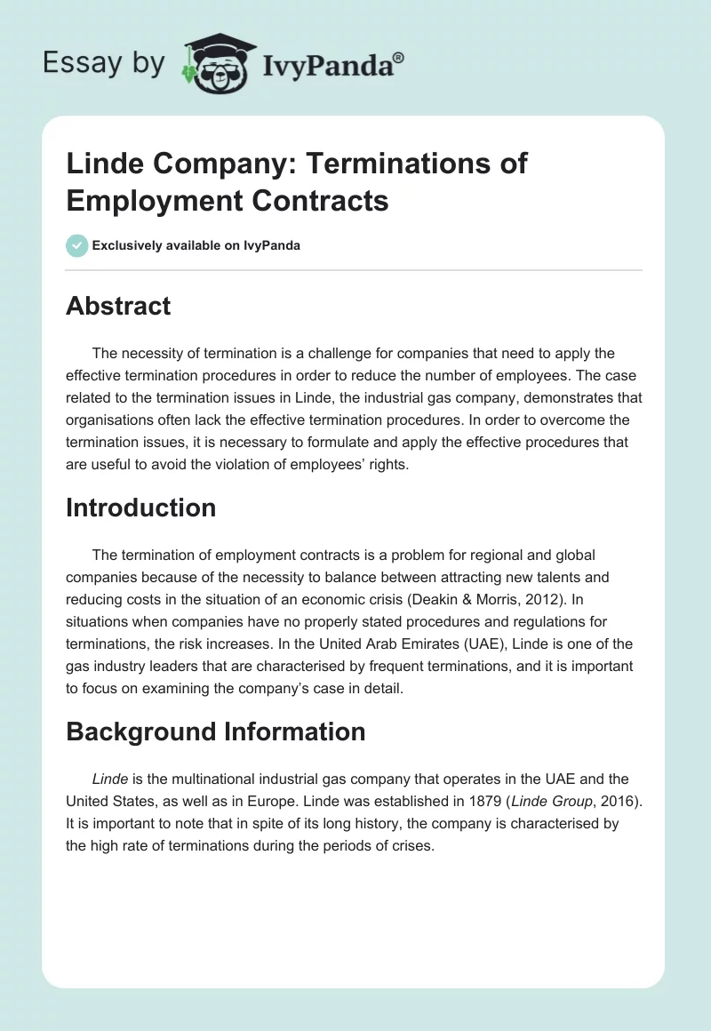 Linde Company: Terminations of Employment Contracts. Page 1